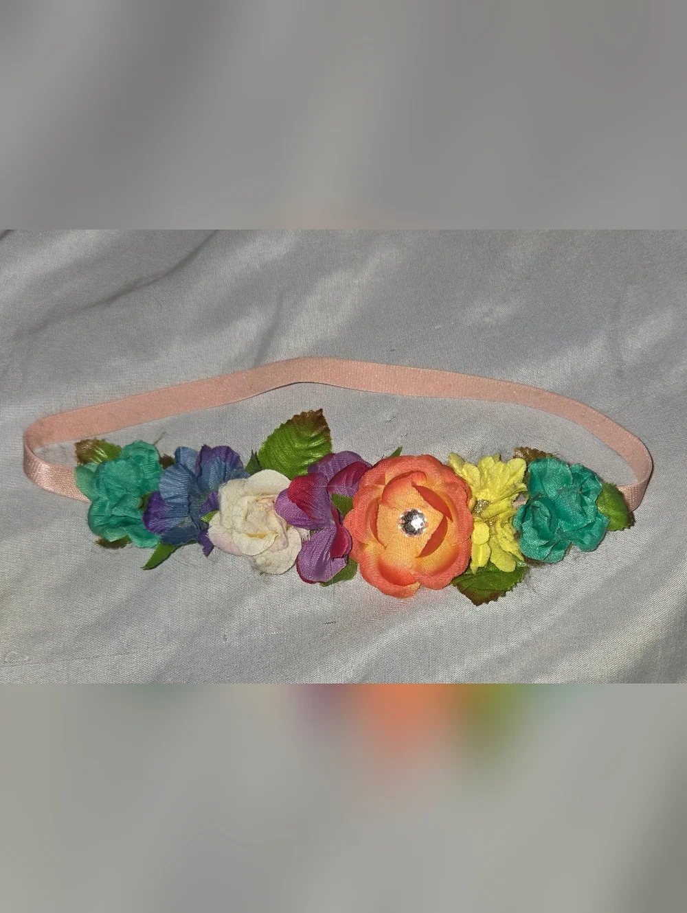 Floral Elastic Headband w/Multicolor Fabric Flowers With Center Stone Festival